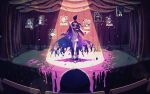  1girl 2boys absurdres akamatsu_kaede amami_rantaro arm_up back-to-back birthday black_hair blood buttons chabashira_tenko checkered_clothes checkered_scarf closed_eyes colored_blood commentary_request confetti danganronpa_(series) danganronpa_v3:_killing_harmony eyeegg flipped_hair gokuhara_gonta hair_between_eyes happy_birthday highres hoshi_ryoma iei iruma_miu jacket long_sleeves male_focus momota_kaito multiple_boys oma_kokichi open_clothes open_mouth pants perspective pink_blood purple_hair scarf shinguji_korekiyo shirogane_tsumugi short_hair smile space_print spiked_hair spoilers spotlight stage standing starry_sky_print tojo_kirumi two-tone_scarf 