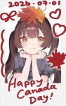  1girl absurdres black_ribbon blush border brown_hair canada_day cauli closed_mouth commentary dated english_commentary frilled_shirt frills grey_border grey_shirt hands_on_own_face hands_up head_on_hands head_rest heart highres leaf leaf_on_head long_hair looking_at_viewer maple_leaf noa_(cauli) original outside_border ribbon shirt short_sleeves simple_background sleeve_ribbon smile solo twintails upper_body w_arms white_background yellow_eyes 