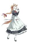  absurdres ahoge animal_ears apron ascot black_dress black_gloves black_pantyhose black_shoes blue_eyes bow braid braided_ponytail colored_bangs commentary_request dress ear_covers full_body gloves hand_a highres horse_ears horse_girl horse_tail long_hair long_sleeves looking_at_viewer maid maid_apron maid_headdress multicolored_hair orange_hair orfevre_(umamusume) pantyhose red_ascot red_bow shoes simple_background single_ear_cover tail two-tone_hair umamusume white_apron white_background white_hair white_headdress 
