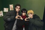  1girl 2boys armin_arlert artist_name black_coat black_hair blonde_hair brown_hair closed_mouth coat commentary crossed_arms english_commentary eren_yeager grey_eyes grey_shirt hair_between_eyes hair_bun half_updo heart heart_hands heart_hands_duo highres light_smile mikasa_ackerman multiple_boys photo_(object) red_scarf scar scar_on_cheek scar_on_face scarf shingeki_no_kyojin shirt short_hair sumiensp upper_body white_shirt 