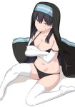  1girl alternate_costume bangs bikini black_bikini black_hair blush boots breasts brown_eyes character_request cleavage closed_mouth collarbone crossed_arms elbow_gloves en&#039;en_no_shouboutai gloves habit knee_up large_breasts long_hair looking_at_viewer navel shiseki_hirame simple_background sitting solo stomach sweatdrop swimsuit tamaki_kotatsu thigh_boots thighhighs white_background white_footwear white_gloves white_legwear 