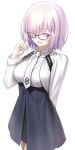  1girl absurdres besmiled blush breasts chaldea_logo closed_eyes commentary fate/grand_order fate_(series) glasses hair_over_one_eye highres jacket long_sleeves mash_kyrielight mash_kyrielight_(chaldea_uniform) medium_breasts necktie pink_hair shirt short_hair skirt smile solo white_jacket white_shirt 