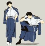  1boy amestris_military_uniform black_hair black_shoes blue_jacket blue_pants closed_mouth collared_shirt crossed_ankles crossed_legs full_body fullmetal_alchemist gloves grey_background hand_on_own_face hands_in_pockets highres invisible_chair jacket jacket_on_shoulders light_smile ls182_520 male_focus military_jacket military_uniform multiple_views pants roy_mustang shirt shoes short_hair sitting slippers solo standing white_gloves white_shirt white_slippers 