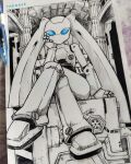  1girl blue_eyes crossed_legs drossel_von_flugel fireball_(series) hand_on_own_face highres humanoid_robot joints mechanical_hair no_mouth photo_(medium) robot robot_girl robot_joints sitting solo thedave_art traditional_media twintails 