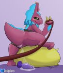 2026 animal_genitalia bandai_namco bdsm black_sclera claws cloaca collar digimon digimon_(species) dildo dominant dominant_female elizamon female feral first_person_view genitals green_eyes hi_res kerilyn leaking_vagina leash leashed_pov markings petplay pillow pink_body raised_leg raised_tail reptile roleplay scalie sex_toy signature simple_background solo tail vulva