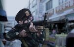  1girl absurdres aiming assault_rifle beret black_hair blurry blurry_background facing_viewer gun gun_sling hat highres holding holding_gun holding_weapon m16 m16a1 magazine_(weapon) military military_fatigues military_uniform nope04382462 original rifle short_hair solo_focus upper_body weapon 