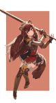  1girl absurdres animal_ear_fluff animal_ears armor armored_boots belt black_dress blush boots border breastplate brown_armor brown_background brown_belt brown_boots brown_gloves brown_hair closed_mouth collared_dress commentary dress elbow_gloves floating full_body gloves hair_tubes high_collar highres holding holding_sword holding_weapon layered_dress leather leather_armor leather_boots leather_gloves long_hair long_sleeves looking_at_viewer metal_arm_cuffs metal_hair_tubes metal_wrist_cuffs miru_(milklike_country) neck_ribbon outside_border pauldrons pinstripe_dress pinstripe_pattern purple_eyes raccoon_ears raccoon_girl raccoon_tail raphtalia red_dress red_ribbon ribbon short_dress shoulder_armor single_pauldron sleeveless sleeveless_dress smile solo sword tail tanuki tate_no_yuusha_no_nariagari thigh_boots two-tone_dress v-shaped_eyebrows weapon white_border white_dress yellow_trim zettai_ryouiki 