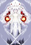  1girl absurdres angel angel_wings breasts commentary_request dress extra_eyes fantasy gloves halo highres long_hair medium_breasts multiple_wings original pale_skin solo very_long_hair white_dress white_gloves white_hair wings yamahuki yellow_eyes 
