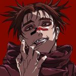 1boy arm_up bags_under_eyes brown_eyes brown_hair choso_(jujutsu_kaisen) commentary_request curtained_hair d_karaage facial_mark finger_in_own_mouth jujutsu_kaisen looking_at_viewer male_focus purple_shirt red_background sharp_teeth shirt simple_background solo teeth thick_eyebrows twintails 