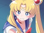  1girl bishoujo_senshi_sailor_moon blonde_hair blue_eyes blue_sailor_collar blush bow bowtie breasts choker cleavage clenched_teeth commentary crescent crescent_earrings cutefires derivative_work double_bun earrings furrowed_brow hair_bun heart heart_choker jewelry leotard long_hair medium_breasts meme parted_bangs red_bow red_bowtie red_choker sailor_collar sailor_moon sailor_moon_redraw_challenge_(meme) sailor_senshi_uniform screenshot_redraw short_sleeves solo sweatdrop teeth tiara tile_floor tiles tsukino_usagi twintails upper_body white_leotard 