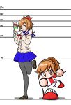 2girls blue_sailor_collar blue_skirt bow brown_cardigan brown_eyes brown_hair brown_shoes cardigan commentary_request crepe drilljapan dual_persona food food_in_mouth food_on_face grey_pantyhose hair_bow height_chart high_ponytail highres holding holding_crepe holding_food jikkyou_powerful_pro_yakyuu jikkyou_powerful_soccer multicolored_shirt multicolored_shoes multiple_girls neckerchief no_mouth pants pantyhose pocky pocky_in_mouth ponytail rayman_limbs red_bow red_neckerchief red_shirt red_shoes sailor_collar school_uniform shirt shoes skirt soccer_uniform sportswear standing standing_on_one_leg suitsu_emiri two-tone_shoes white_pants white_shirt white_shoes 