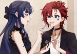  2girls black_choker black_hair black_jacket blue_eyes choker commentary_request earrings facial_mark feeding food fork holding holding_fork idolmaster idolmaster_million_live! jacket jewelry julia_(idolmaster) korean_commentary lapels lc_fuu long_hair looking_at_another mogami_shizuka multiple_girls notched_lapels open_mouth raised_inner_eyebrows red_hair short_hair sleeveless star_(symbol) star_facial_mark sweatdrop upper_body 
