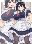  1girl absurdres arato_nagi black_hair blue_eyes blush blush_stickers breasts closed_mouth commentary different_zoom_layer earrings heart heart_earrings highres jewelry large_breasts looking_at_viewer maid maid_headdress multiple_views necktie noyama_takenoko one_eye_closed open_mouth outline pantyhose red_necktie ruri_no_houseki smile white_outline wrist_cuffs zoom_layer 