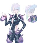  1girl alternate_hairstyle apex_legends asymmetrical_hair axle_(apex_legends) axle_(apex_legends)_(cosplay) black_bodysuit black_gloves blue_hair bodysuit breasts cleavage cleavage_cutout clothing_cutout commentary_request cosplay cowboy_shot cyberpunk:_edgerunners cyberpunk:_edgerunners_1 cyberpunk_(series) eyelashes fingerless_gloves gloves hand_on_own_hip highres hip_vent holding lips long_sleeves lucy_(cyberpunk) milk_(ohota_ye1) multicolored_eyes multicolored_hair multiple_views pink_hair ponytail short_hair short_hair_with_long_locks short_ponytail simple_background single_sidelock undercut white_background 