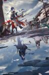  absurdres architecture arknights bare_shoulders bare_tree black_boots black_horns black_pants black_sash black_shorts blue_hair boots ch'en_(arknights) ch'en_(elite_ii)_(arknights) ch'en_the_dawnstreak_(arknights) chi_xiao_(arknights) closed_mouth cloud cloudy_sky commentary detached_sleeves different_reflection dragon_girl dragon_horns dragon_tail dress east_asian_architecture eastern_dragon_horns english_commentary fingerless_gloves floating_hair flower full_body gloves green_shirt grey_hair groin highres holding holding_stuffed_toy holding_weapon horns long_hair long_sleeves necktie nine_(arknights) official_art pants pelvic_curtain petals puddle red_eyes red_hair reflection sash sheath sheathed shirt shorts sky stone_floor stuffed_toy sun sword tail talulah_(arknights) talulah_(chapter_16)_(arknights) tree two-sided_fabric waist_sash weapon white_dress white_flower wushier yellow_necktie 