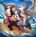anthro aquatic arekusuwulf bear canid canine canis dropa_(my_pirate_husbandos) felid fish group hi_res magdicus_(my_pirate_husbandos) male mammal muscular muscular_anthro muscular_male my_pirate_husbandos pantherine poseidong_(my_pirate_husbandos) protagonist_(my_pirate_husbandos) shark sisyphelly_(my_pirate_husbandos) stripes suid suine sus_(pig) tiger wild_boar wolf
