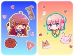  2girls ahoge blue_eyes blue_outline blue_serafuku blush brown_eyes brown_hair chibi chibi_only chiyoda_momo commentary curled_horns demon_girl demon_horns demon_tail hair_ornament heart highres holding holding_wallet horns looking_at_viewer machikado_mazoku mitoetsu multiple_girls open_mouth outline pink_hair school_uniform serafuku sweater tail tearing_up upper_body wallet yellow_outline yellow_sweater yoshida_yuuko 