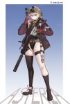  1girl absurdres alternate_costume ar-15 artist_name asteria_(girls'_frontline_2) asymmetrical_legwear belt black_choker black_leotard black_socks black_thighhighs blue_eyes breasts brown_belt brown_jacket brown_shoes character_name chinese_commentary choker combat_helmet commentary_request flying_kitty full_body girls'_frontline girls'_frontline_2:_exilium glock gloves goggles goggles_around_neck gradient_background groin gun handgun helmet highleg highleg_leotard highres holding holding_gun holding_weapon jacket kneehighs leotard long_sleeves looking_at_viewer night_vision_device open_clothes open_jacket orange-tinted_eyewear pink_hair red_gloves rifle scope shoes skindentation small_breasts socks solo st_ar-15_(girls'_frontline) standing suppressor thigh_strap thighhighs thighs tinted_eyewear weapon 