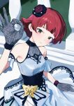  1girl :3 bare_shoulders blush breasts brown_eyes butterfly_ornament closed_mouth dress floral_print flower gloves grey_dress hair_flower hair_ornament hand_up highres idolmaster idolmaster_million_live! idolmaster_million_live!_theater_days looking_at_viewer morpho_paresia_(idolmaster) nonohara_akane official_alternate_costume ok_sign print_gloves red_flower red_hair rose_print see-through_clothes see-through_gloves short_hair sleeveless sleeveless_dress small_breasts solo upper_body wrist_flower yabukara 