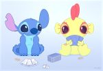  2020 alien blue_eyes blue_nose card chest_tuft dice disney duo experiment_(lilo_and_stitch) gradient_background green_body head_tuft hi_res holding_card lilo_and_stitch looking_at_another mr.jazz notched_ear playing_card simple_background sitting smile stitch_(lilo_and_stitch) tuft unknown_character unknown_species 