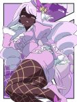  1girl ass breasts commentary_request dark-skinned_female dark_skin dress fascinator fishnet_pantyhose fishnets gloves high_heels highres jacinthe_(pokemon) juliet_sleeves kanbei_(pixiv11037490) long_hair long_sleeves looking_at_viewer low_drills medium_breasts mega_stone open_mouth pantyhose pokemon pokemon_legends:_z-a puffy_sleeves purple_dress purple_eyes purple_hair smile very_dark_skin white_gloves zoom_layer 