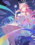  1girl absurdres bare_shoulders blue_hair blue_ribbon breasts cyrene_(demiurge)_(honkai:_star_rail) cyrene_(honkai:_star_rail) detached_sleeves diamond-shaped_pupils diamond_(shape) dress earrings eyelashes feet_out_of_frame floating_hair flower flying frills gradient_hair green_hair hair_ornament hair_ribbon hands_up highres honkai:_star_rail honkai_(series) hulyeon83994 jewelry leaf_hair_ornament long_hair looking_at_viewer medium_breasts mobius_strip multicolored_hair multicolored_ribbon pink_eyes pink_hair planet_earrings pointy_ears purple_flower purple_ribbon purple_rose ribbon rose short_sleeves sidelocks single_earring sleeveless sleeveless_dress smile solo star_(sky) streaked_hair symbol-shaped_pupils teeth unfinished very_long_hair wavy_hair white_dress white_flower white_hair white_ribbon white_rose white_sleeves 