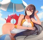  1girl beach black_hair breasts cleavage closed_mouth cloud collarbone competition_swimsuit day enemy_lifebuoy_(kantai_collection) hair_between_eyes kantai_collection kasumi_(skchkko) large_breasts light_smile long_hair looking_at_viewer multicolored multicolored_clothes multicolored_swimsuit nagato_(kantai_collection) one-piece_swimsuit parasol red_eyes shinkaisei-kan swimsuit umbrella 