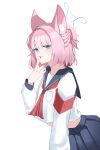  1girl absurdres animal_ear_fluff animal_ears armband badac blue_archive blue_eyes blue_halo blue_sailor_collar blue_skirt blush commentary fox_ears halo highres licking licking_finger long_sleeves looking_at_viewer neckerchief niko_(blue_archive) pink_hair pleated_skirt red_armband red_neckerchief sailor_collar school_uniform serafuku shirt short_hair simple_background skirt solo tongue tongue_out white_background white_shirt 