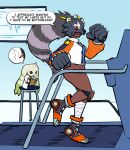  1girl animal_helmet bandaged_leg bandages bearcatmon black_boots black_helmet blush_stickers boots bottomless breasts brown_hair clawed_gloves clenched_hands clipboard clothed_digimon coat commentary dark-skinned_female dark_skin digimon digimon_(creature) drawing_(action) english_commentary english_text floating_hair full_body gloves groin helmet highres holding holding_clipboard holding_pencil horns indoors jacket knee_pads lab_coat long_hair long_sleeves lovetopullmicke medium_breasts multicolored_hair multicolored_jacket navel on_stool orange_boots orange_sleeves parted_lips pencil physical_examination red_eyes roller_skates running single_horn single_knee_pad skates speech_bubble spiked_gloves standing star_(symbol) star_print stomach stool terriermon terriermon_joshu treadmill two-tone_hair two-tone_jacket variant_set very_long_hair white_coat white_jacket zipper zipper_pull_tab 