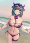  1girl :3 animal_band animal_ears aqua_eyes arm_garter azur_lane bangs beach between_breasts bikini black_hair blush breasts cameltoe cheshire_(azur_lane) cheshire_(summery_date!)_(azur_lane) choker cleavage closed_mouth collarbone cowboy_shot dutch_angle earrings eyebrows_visible_through_hair eyewear_on_head flower hairband highres jewelry large_breasts leg_garter looking_at_viewer maid_headdress maou_renjishi multicolored_hair navel ocean outstretched_hand purple_bikini purple_flower purple_neckwear purple_ribbon ribbon short_hair side-tie_bikini skindentation sky smile solo strapless strapless_bikini streaked_hair string_bikini sunglasses swimsuit thigh_gap twilight wet wet_hair 