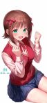  1girl :d amami_haruka blue_skirt blush bow brown_hair collared_shirt commentary_request green_eyes hair_bow hands_up highres ibk_chii idolmaster idolmaster_(classic) long_sleeves looking_at_viewer miniskirt open_mouth pink_shirt red_bow red_sweater_vest shirt short_hair simple_background sitting skirt smile solo sweater_vest twitter_username white_background 