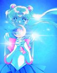  1girl bishoujo_senshi_sailor_moon blonde_hair blue_background blue_eyes blue_sailor_collar blue_sky bow bowtie breasts commentary_request crescent crescent_earrings crescent_wand double_bun earrings elbow_gloves floating_hair gloves hair_bun highres holding holding_wand interlocked_fingers jewelry karasa_(tsukasa_yu) light_smile long_hair looking_at_viewer medium_breasts own_hands_clasped own_hands_together parted_bangs pleated_skirt red_bow red_bowtie sailor_collar sailor_moon sailor_senshi_uniform shirt skirt sky solo tiara tsukino_usagi twintails upper_body wand white_gloves white_shirt 