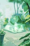  budew bulbasaur closed_eyes closed_mouth colored_skin commentary_request fangs green_skin greenhouse harumomo_(@harumomo123456) highres leaf no_humans nostrils plant pokemon pokemon_(creature) pokemon_focus potted_plant sleeping smile 