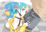  2girls alternate_skin_color ass black_bodysuit black_panties blonde_hair blue_hair bodysuit breasts brown_jacket canari_(pokemon) emma_(pokemon) gible highres jacket licking_ass lightened_skin long_sleeves looking_at_viewer multicolored_hair multiple_girls nipples outdoors pale_skin paniitaa panties pokemon pokemon_(creature) pokemon_legends:_z-a red_eyes split-color_hair squatting standing underwear yellow_jacket yuri 