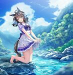  1girl ahoge animal_ears bare_legs barefoot blue_eyes blue_sky blush bow bowtie breasts brown_hair closed_mouth commentary_request daring_tact_(umamusume) feet hair_between_eyes hair_ornament highres horse_ears horse_girl horse_tail kneeling legs long_hair looking_at_viewer mountain outdoors pleated_skirt puffy_short_sleeves puffy_sleeves purple_bow purple_bowtie purple_shirt river sailor_collar sailor_shirt school_uniform shinohara_shinome shirt short_sleeves shorts shorts_under_skirt skirt sky smile solo star_(symbol) star_hair_ornament summer_uniform tail toenails toes tracen_school_uniform tree umamusume water wet wet_clothes wet_shirt wet_skirt white_sailor_collar white_skirt wringing_clothes wringing_skirt 