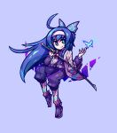  1girl ahoge belt blue_background blue_eyes blue_hair bright_pupils bug butterfly cable_knit cardigan closed_mouth commentary commission cosplay english_commentary grey_belt headband highres holding holding_sword holding_weapon kochou_shinobu kochou_shinobu_(cosplay) long_hair long_sleeves orie_ballardiae_harada pants purple_cardigan purple_pants purple_sandals purple_shirt purple_socks sandals shirt simple_background smallendu smile socks solo sword under_night_in-birth weapon white_headband white_pupils 