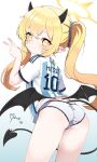  1girl absurdres argentina argentinian_national_soccer_team_uniform ass black_horns black_tail black_wings blonde_hair blue_archive blush commentary crying_emoji demon_girl demon_horns demon_tail demon_wings emoji english_commentary halo highres horns ibuki_(blue_archive) long_hair looking_at_viewer mibuki_ni mole mole_on_ass panties smile soccer_uniform solo sportswear tail underwear v white_panties wings yellow_eyes yellow_halo 