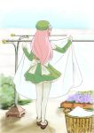  1girl bare_shoulders basket bed_sheet beret bush commentary day detached_sleeves dress flower from_behind full_body garden green_dress green_headwear green_sleeves hat headphones holding holding_sheet laundry laundry_basket laundry_pole long_hair maki_(nasulily) momone_momo outdoors pantyhose pink_hair solo standing utau white_legwear 