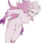  1girl breasts claws colored_skin commentary_request feet_out_of_frame final_fantasy final_fantasy_vi garbage_paper hair_slicked_back highres korean_commentary long_hair medium_breasts monster_girl no_nipples parted_lips pink_eyes pink_hair pink_skin solo terra_branford toned toned_female trance_terra_branford white_background wide-eyed 
