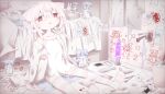  1girl animal_ears ashi_izumo bed blue_hair bow bow_panties bright_pupils cat_ears cellphone character_doll charging_device commentary_request crayon doll drawing_(object) flat_chest fork hair_bobbles hair_ornament halftone highres jacket kitchen_knife knife lava_lamp long_hair name_tag nightgown on_floor original panties phone red_eyes single_bare_shoulder sitting sleeves_past_fingers sleeves_past_wrists smartphone striped_clothes striped_thighhighs tears thighhighs toilet_paper trash_can underwear unworn_panties white_hair white_pupils 