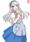  1girl alternate_costume apron artist_logo asymmetrical_bangs bangs blue_apron blue_hairband blue_skirt commentary_request covering_mouth cowboy_shot dated disconnected_mouth employee_uniform gingham gingham_apron hairband highres kanon_(kurogane_knights) kantai_collection kobeya koubeya_uniform long_hair long_shirt looking_at_viewer purple_eyes sagiri_(kantai_collection) short_sleeves silver_hair simple_background skirt solo swept_bangs uniform waitress white_background 