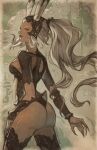  1girl animal_ears arm_behind_back armor ass black_armor black_helmet black_leotard black_thighhighs breasts catthy_trinh claws closed_mouth commentary cowboy_shot dark-skinned_female dark_skin english_commentary final_fantasy final_fantasy_xii fingernails fran_(ff12) grey_hair hand_on_own_thigh helmet highres leotard long_hair medium_breasts ponytail rabbit_ears rabbit_girl sharp_fingernails sidelocks solo thighhighs viera 