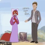 1:1 anthro bottomwear canid canine chris_hansen clothed clothing dialogue digital_media_(artwork) disney dress duo english_text female female_anthro fox fur hair hi_res human humor magnetus maid_marian male male_human mammal outside pants red_fox robin_hood_(disney) sketch tail text topwear true_fox veil