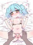  1boy 1girl bar_censor blue_hair blush breasts censored commentary dark-skinned_male dark_skin highres hitotomo interracial onegai_aipri panties pretty_series pussy_juice short_hair small_breasts solo_focus spread_pussy spread_pussy_under_clothes spreading_another's_pussy thong thong_panties underwear yellow_eyes yumemiya_aoi 