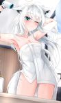  1girl absurdres ahoge animal_ear_fluff animal_ears arm_behind_head armpits blush braid breasts cleavage commentary drying drying_hair english_commentary fox_ears fox_girl fox_tail green_eyes hair_between_eyes hair_dryer highres hololive indoors long_hair looking_at_viewer medium_breasts naked_towel one_eye_closed pentagram shirakami_fubuki sidelocks single_braid solo st-147 tail towel virtual_youtuber white_hair 