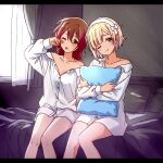  2girls bed bedroom blonde_hair blue_eyes brown_hair collared_shirt commentary day dress_shirt feet_out_of_frame hair_down hairband highres hugging_object idolmaster idolmaster_million_live! idolmaster_starlit_season indoors kasuga_mirai kelvin1996c multiple_girls okuzora_kohaku on_bed one_eye_closed pillow pillow_hug rubbing_eyes shirt short_hair side-by-side sitting sleepy untranslatable_commentary white_hairband white_shirt yellow_eyes 