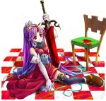  1girl arm_up black_thighhighs boots brown_boots chair checkered_floor dress full_body gloves holding holding_sword holding_weapon horns hug long_hair on_floor original parted_lips ponytail purple_hair red_dress red_eyes single_horn sitting sleeveless sleeveless_dress solo sumi_keiichi sword thighhighs third-party_source torn_clothes torn_thighhighs very_long_hair weapon white_gloves wooden_chair 