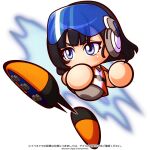  1girl artist_request black_hair black_shoes blue_eyes commentary_request copyright_notice goggles goggles_on_head grey_pants jikkyou_powerful_pro_yakyuu jikkyou_powerful_pro_yakyuu_(style) jikkyou_powerful_soccer kicking moriya_tsukushi multicolored_shirt multicolored_shoes no_mouth official_art orange_shirt orange_shoes pants rayman_limbs shirt shoes solo translation_request white_shirt 