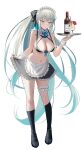  1girl absurdres bare_shoulders bikini black_bikini black_bow blue_eyes blush bow braid breasts cleavage commentary_request fate/grand_order fate_(series) full_body grey_hair hair_bow highres large_breasts long_hair looking_at_viewer maid_headdress mishiro_(ixtlolton) morgan_le_fay_(fate) navel ponytail sidelocks smile solo swimsuit very_long_hair 
