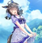  1girl ahoge animal_ears barefoot blue_sky blush bow bowtie breasts brown_hair closed_eyes closed_mouth commentary_request daring_tact_(umamusume) hair_between_eyes hair_ornament highres horse_ears horse_girl horse_tail kneeling long_hair mountain outdoors pleated_skirt puffy_short_sleeves puffy_sleeves purple_bow purple_bowtie purple_shirt river sailor_collar sailor_shirt school_uniform shinohara_shinome shirt short_sleeves shorts shorts_under_skirt skirt sky smile solo star_(symbol) star_hair_ornament summer_uniform tail tracen_school_uniform tree umamusume water wet wet_clothes wet_shirt wet_skirt white_sailor_collar white_skirt wringing_clothes wringing_skirt 